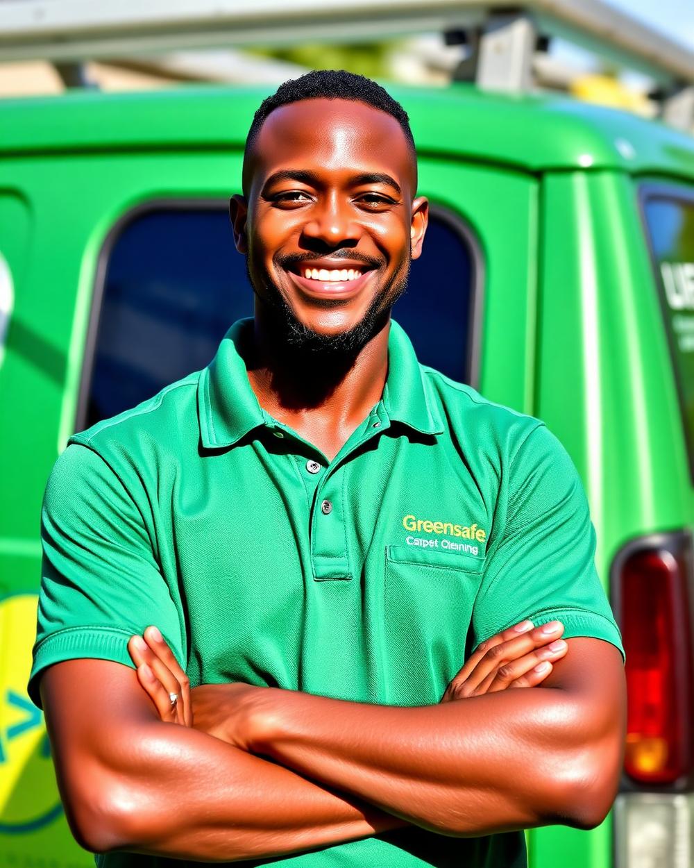 Greensafe Carpet Cleaning owner smiling in front of the company service van