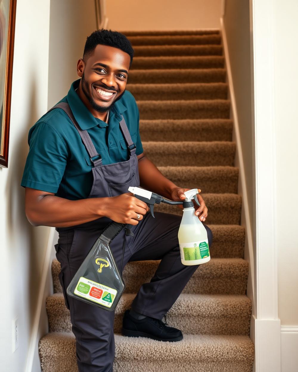 Greensafe technician spraying eco-friendly cleaner on stair carpet