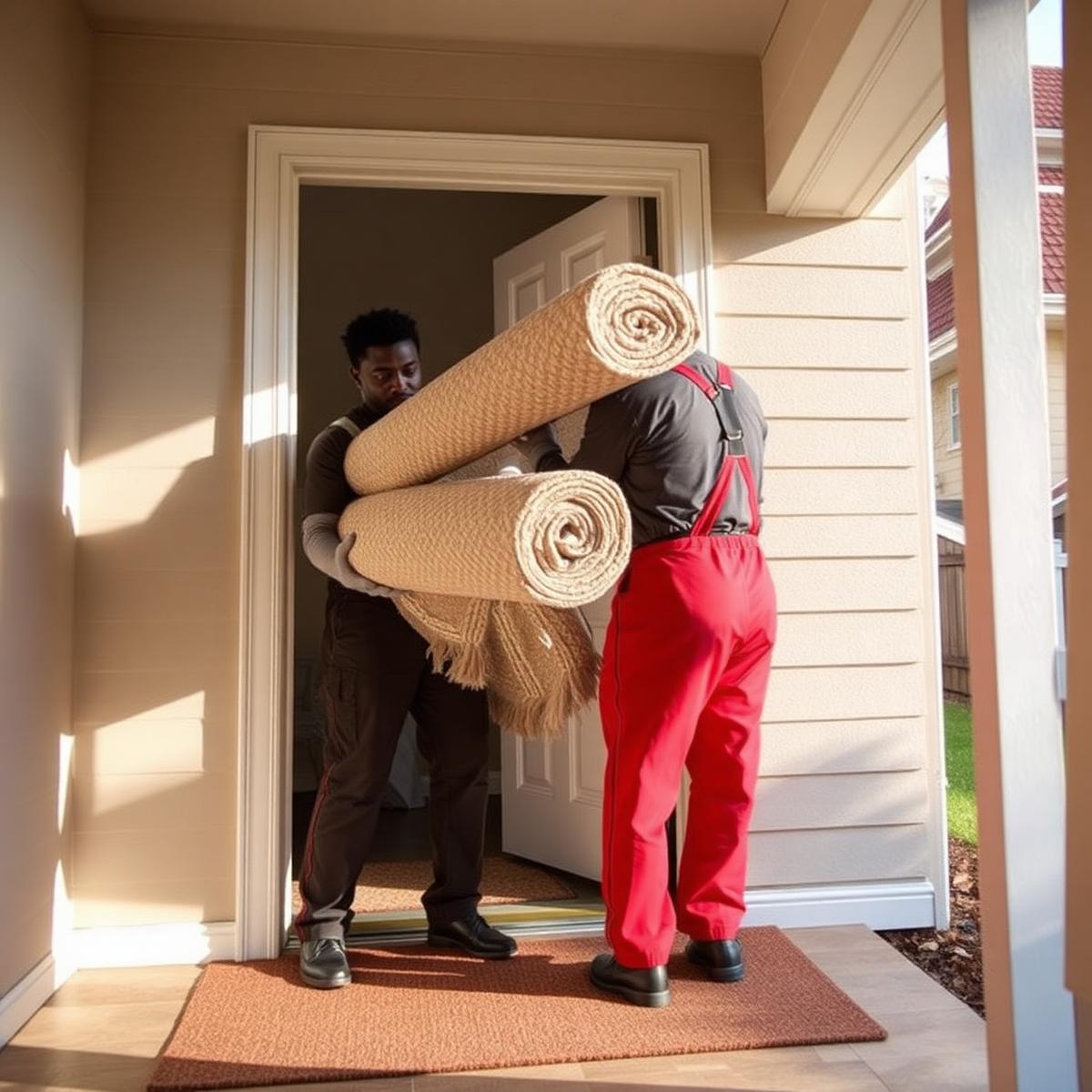 Greensafe technicians carrying rolled carpet into a home