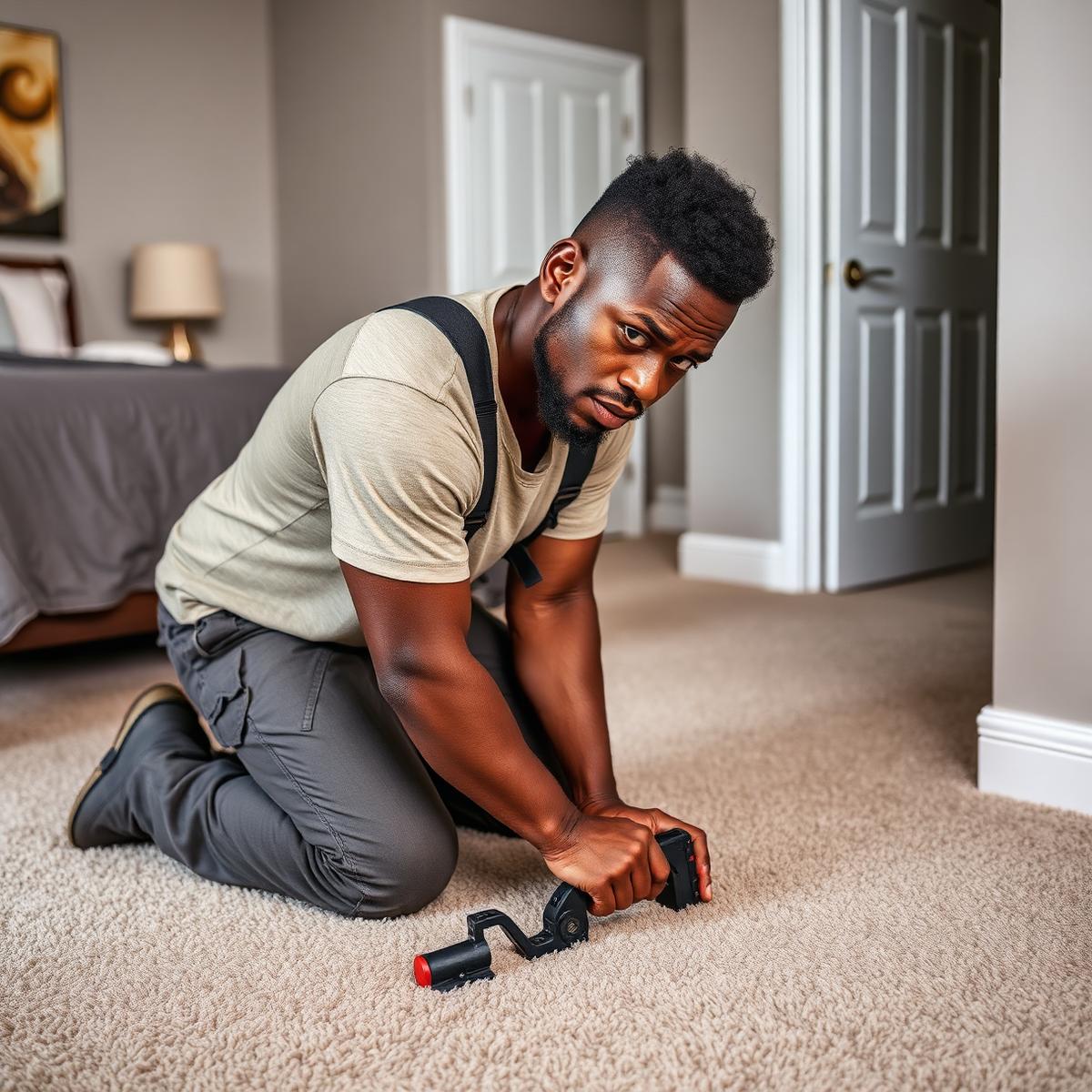 Greensafe installer stretching new carpet in a bedroom