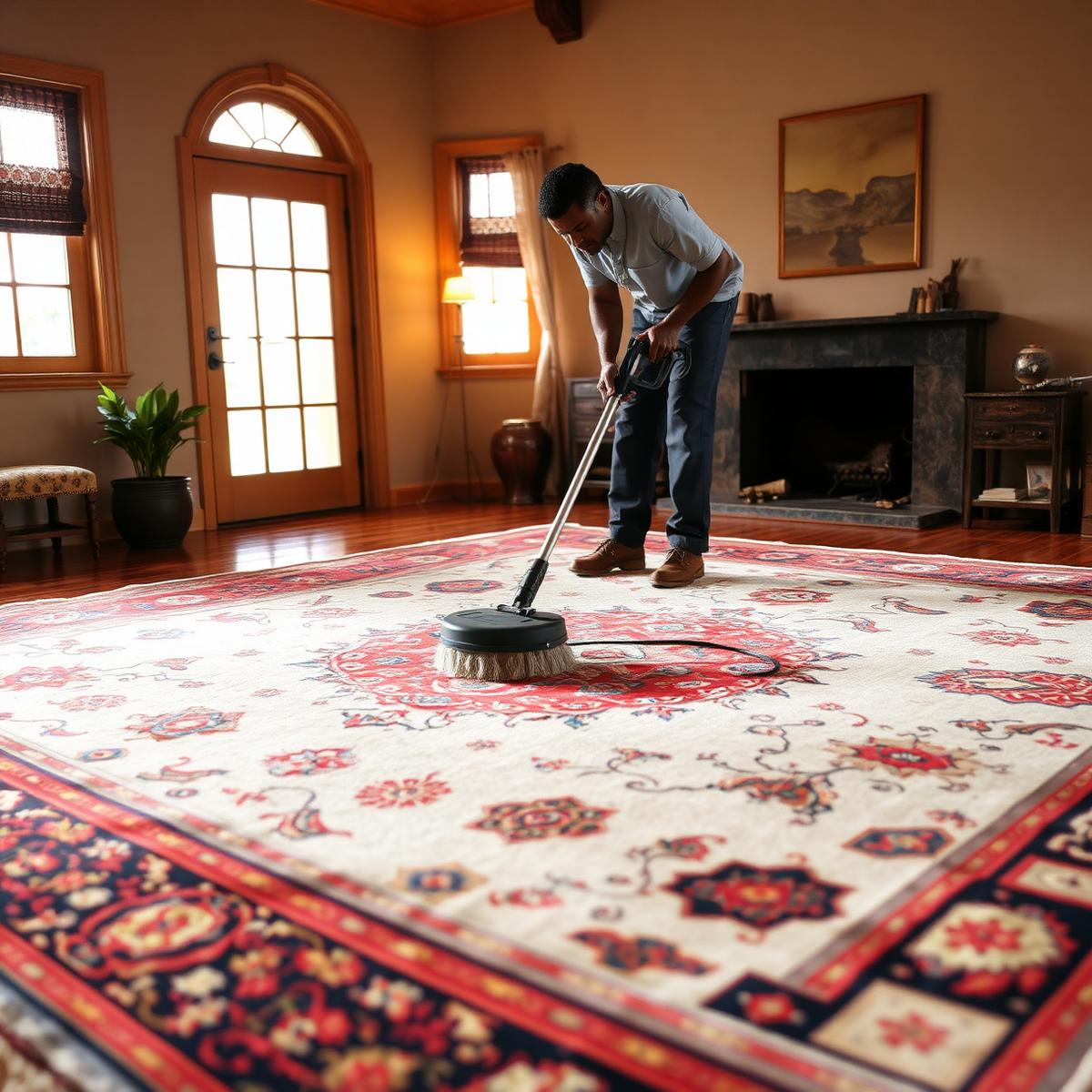 Technician cleaning a large oriental area rug