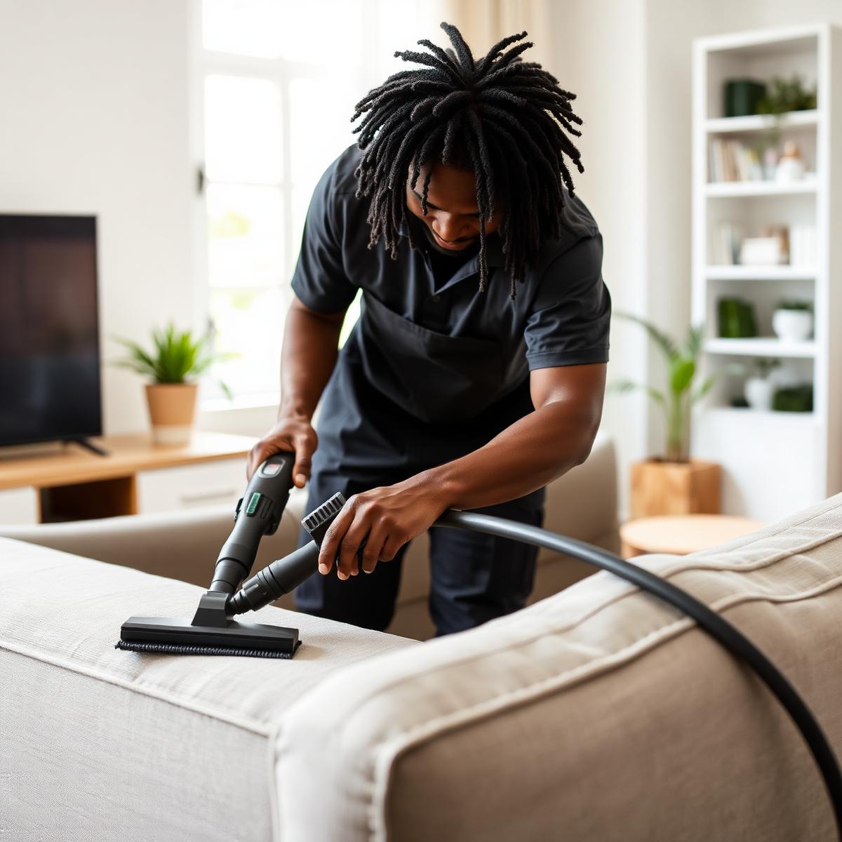 Technician cleaning a fabric sofa with an upholstery tool